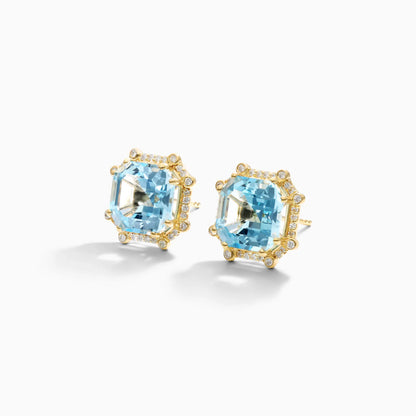 Brinco De Ouro 18k Feminino C/ Diamantes Brilhantes e Topazio Azul Octogono