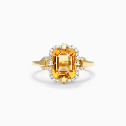 Anel De Noivado em Ouro 18k Solitario Citrino e Diamantes Brilhantes