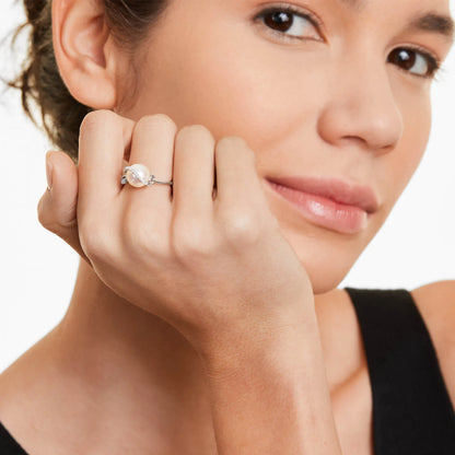 Anel De Perola C/ Diamantes Brilhantes em Ouro 18k Delicado Luxo