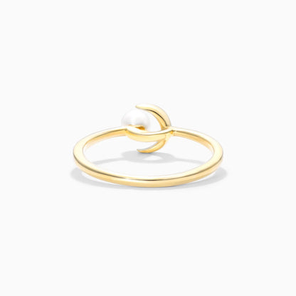 Anel De Ouro Amarelo 18k Lua Crescente C/ Perola