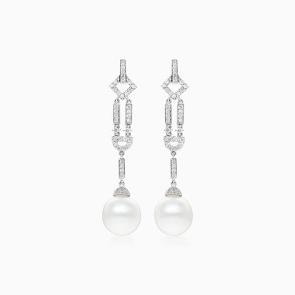 Brinco De Ouro 18k Pendurado Feminino c/ Brilhantes e Perola de Luxo Elsa