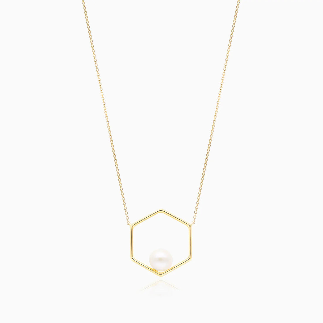 Corrente Feminina Pingente Hexagono C/ Perola Solitaria em Ouro 18k