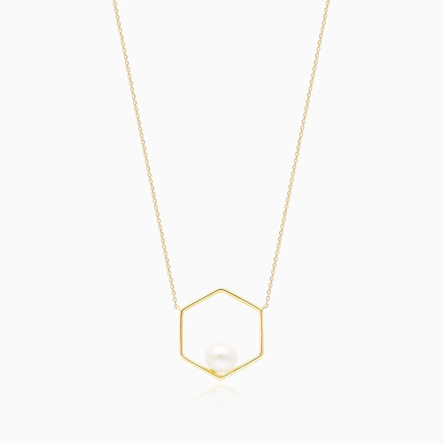 Corrente Feminina Pingente Hexagono C/ Perola Solitaria em Ouro 18k