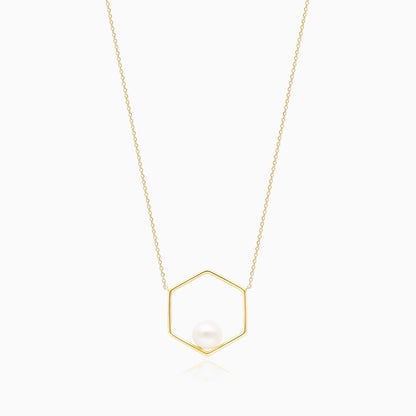 Corrente Feminina Pingente Hexagono C/ Perola Solitaria em Ouro 18k