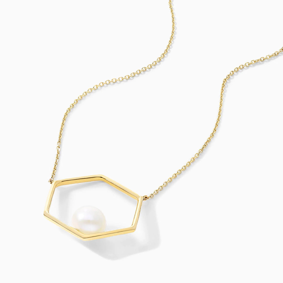 Corrente Feminina Pingente Hexagono C/ Perola Solitaria em Ouro 18k