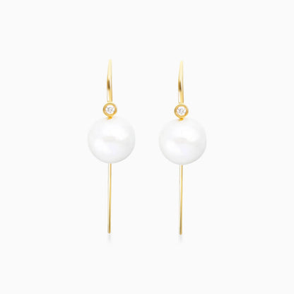 Brinco Fio De Ouro Amarelo 18k Com Perola e Diamante Solitario