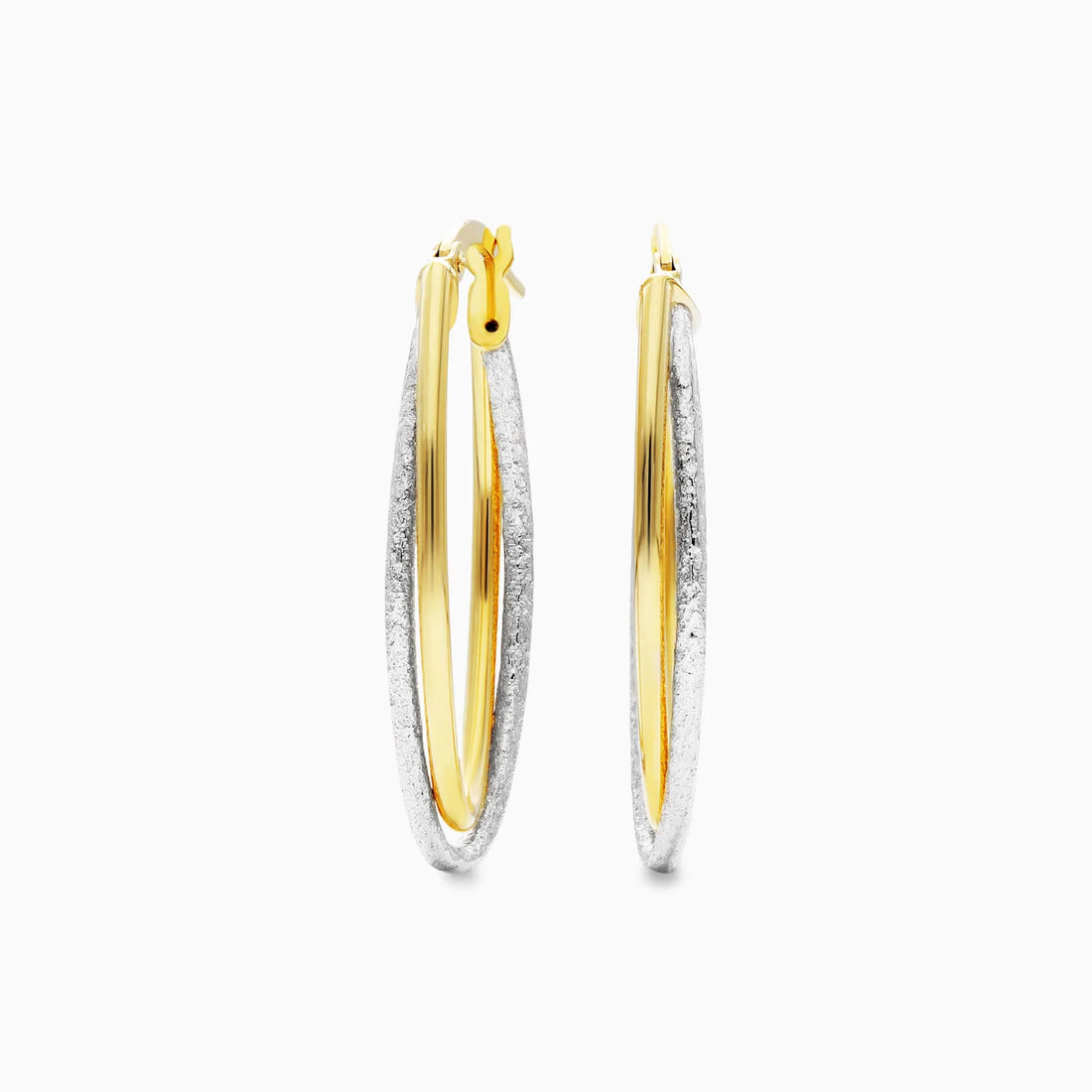 Brinco De Argolas Duplas Ovais em Ouro 18k Amarelo e Branco