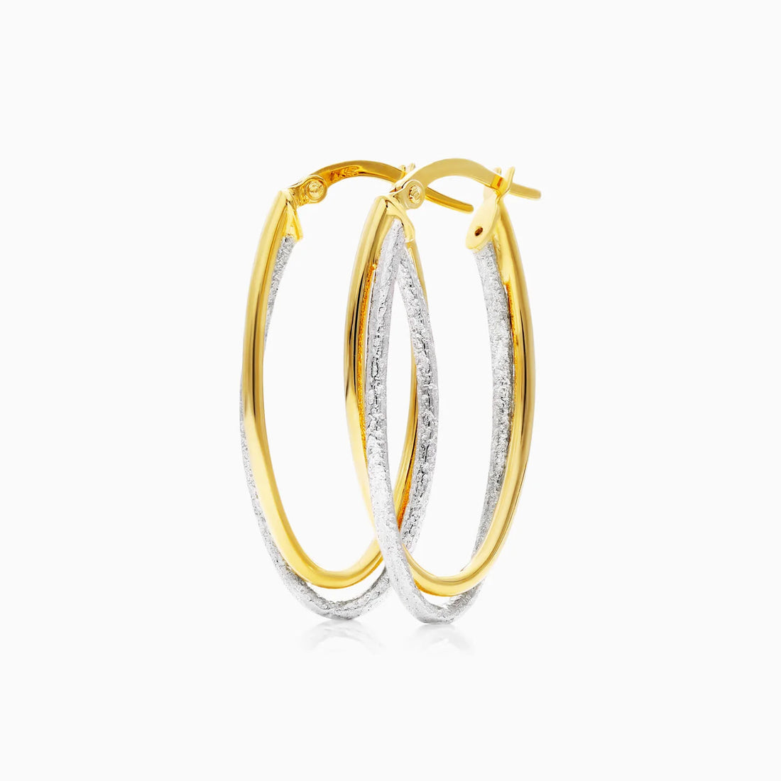 Brinco De Argolas Duplas Ovais em Ouro 18k Amarelo e Branco