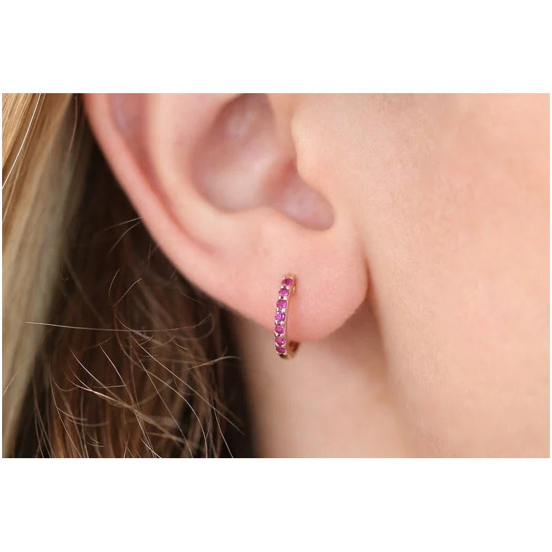 Brinco De Ouro Feminino Solitario Argola Rubis  Luxo