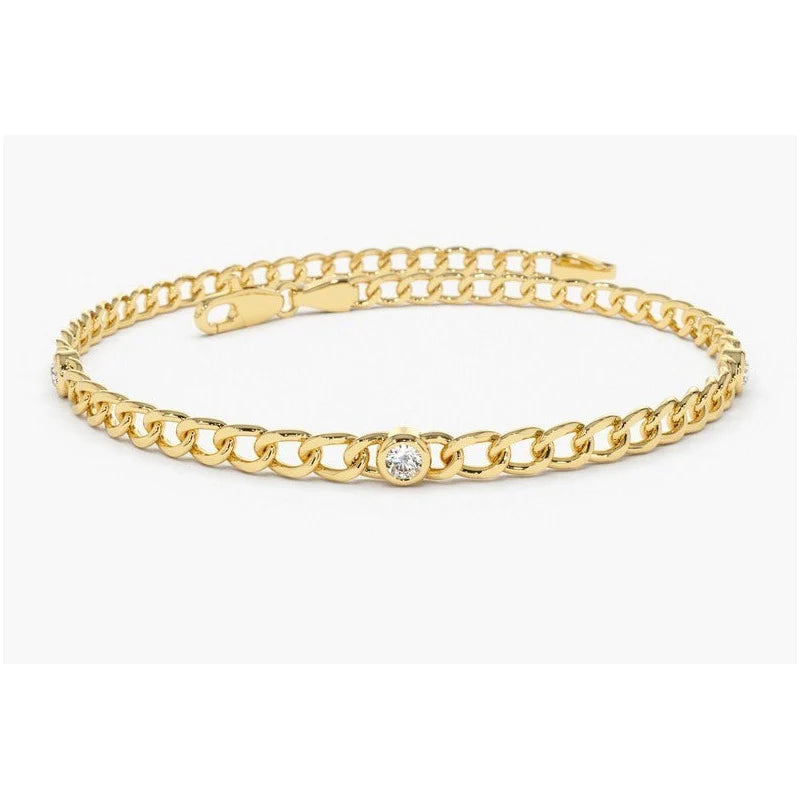Pulseira Feminina de ouro Bracelete Cubana 3 Diamantes Luxo