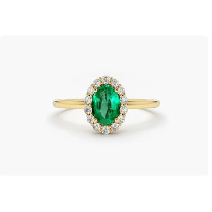 Anel De Noivado em Ouro 18k Solitario Esmeralda e Diamantes Brilhantes