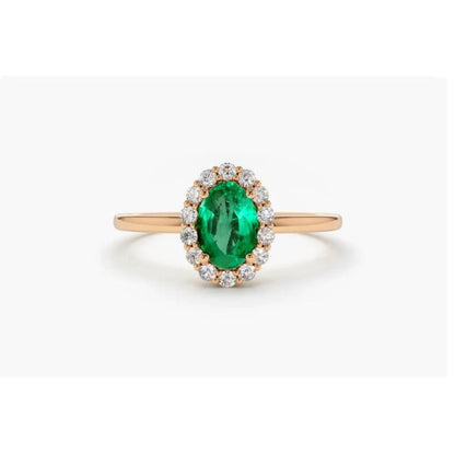 Anel De Noivado em Ouro 18k Solitario Esmeralda e Diamantes Brilhantes