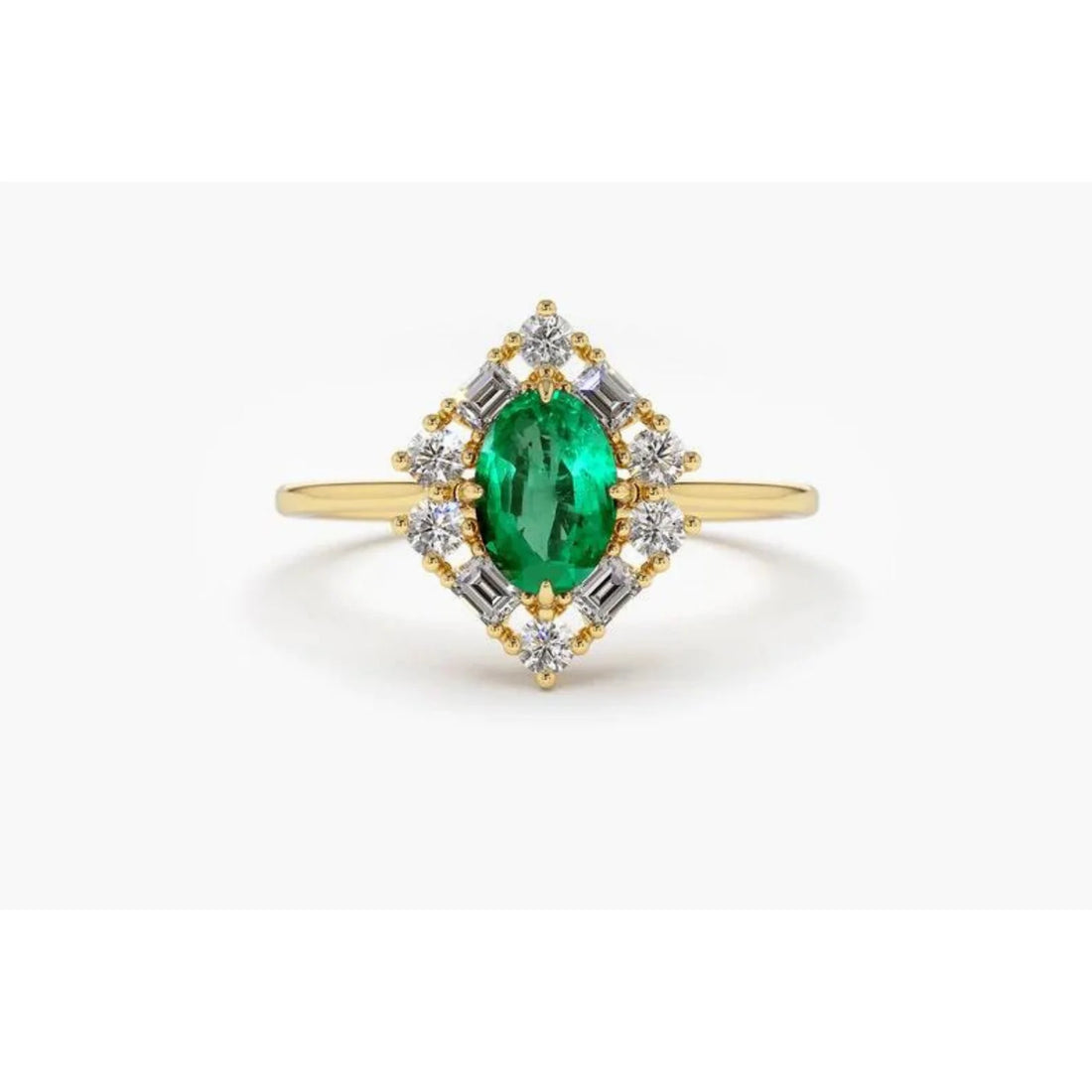 Anel De Noivado em Ouro 18k Solitario Esmeralda e Diamantes Brilhantes