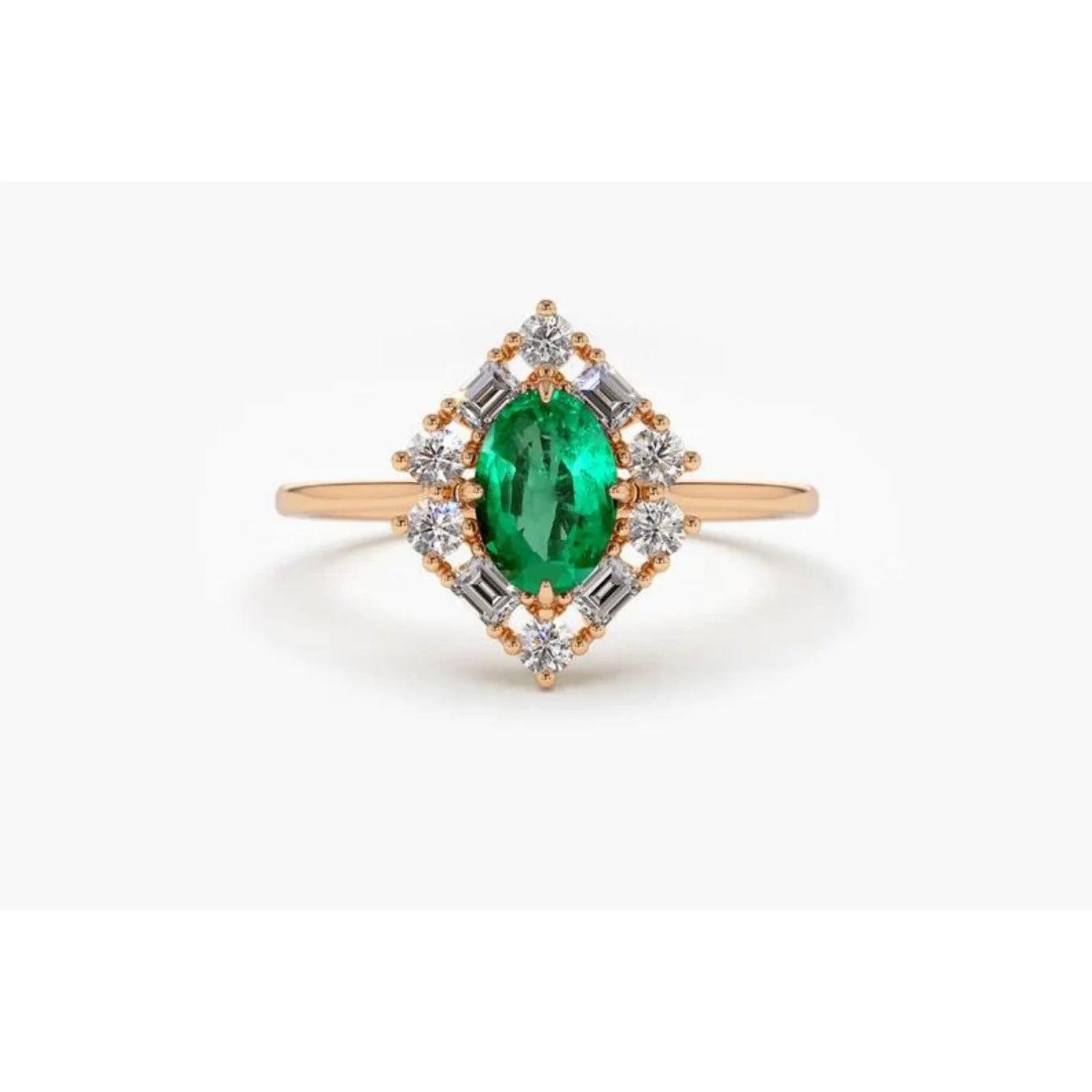 Anel De Noivado em Ouro 18k Solitario Esmeralda e Diamantes Brilhantes