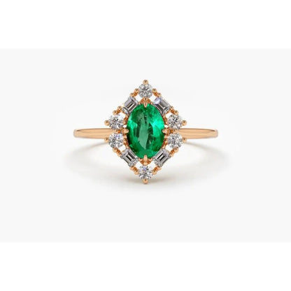 Anel De Noivado em Ouro 18k Solitario Esmeralda e Diamantes Brilhantes