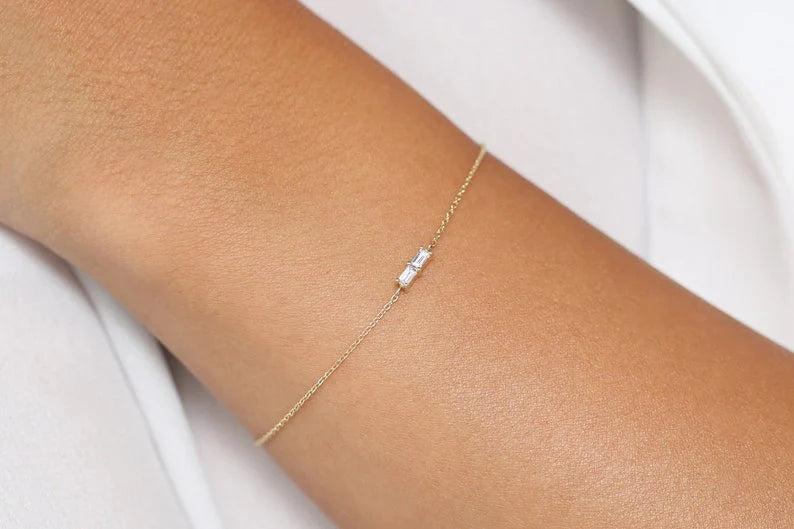 Pulseira Feminina Delicado de Ouro Branco 18k Diamante Baguette