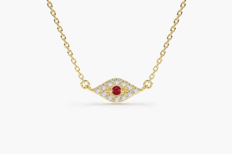 Corrente Feminina em Ouro Amarelo 18k Diamantes e Rubi olho grego