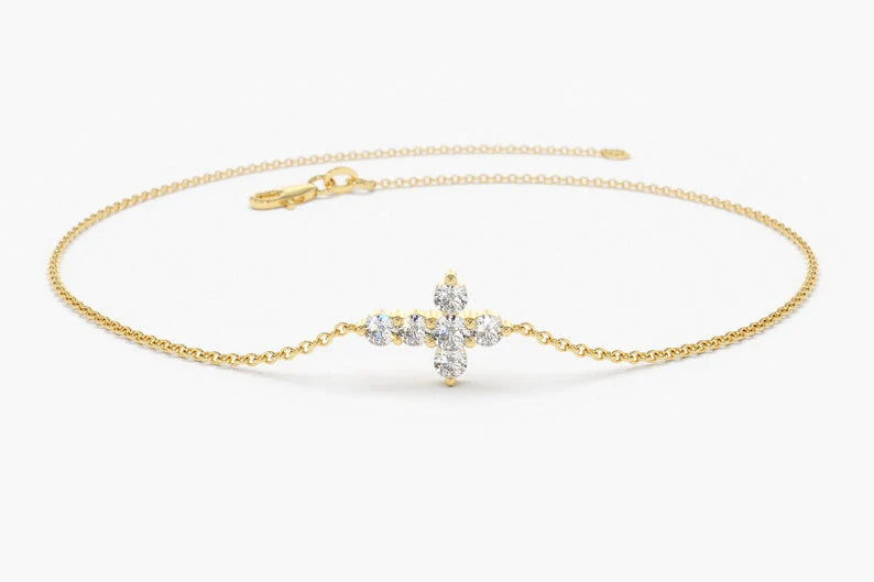 Pulseira Feminina de Ouro Amarelo 18k Cruz De Diamante Delicado