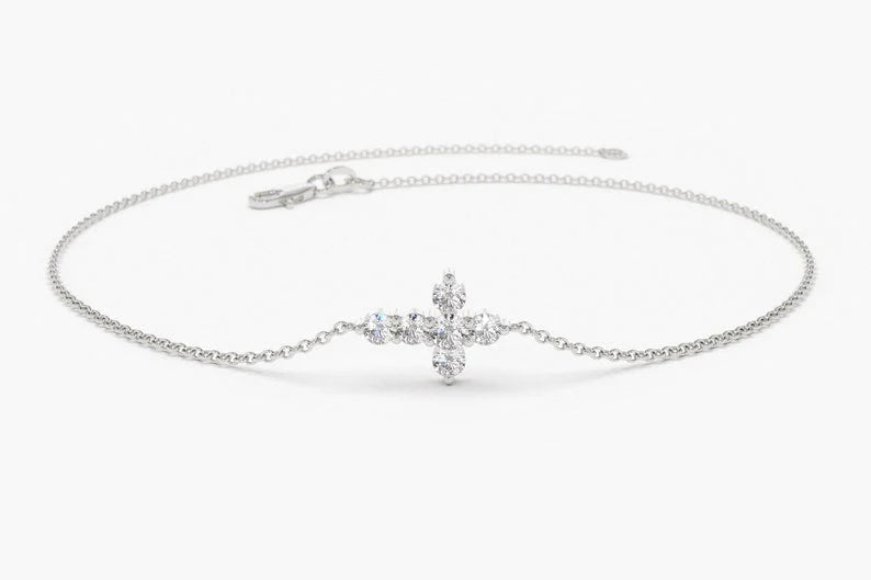 Pulseira Feminina de Ouro Branco 18k Cruz De Diamante Delicado