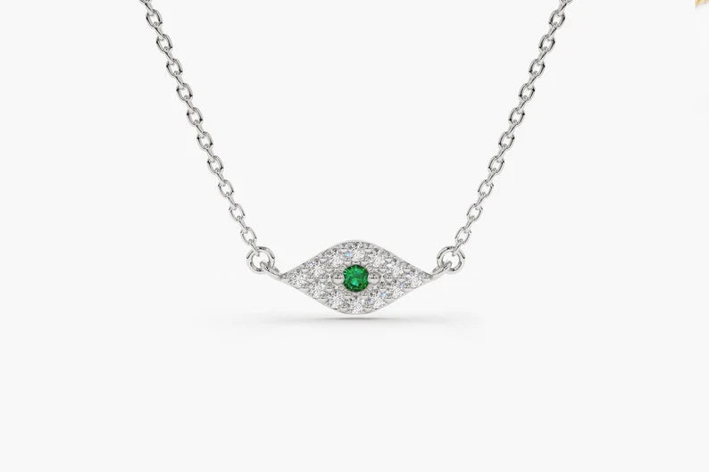 Corrente Feminina em Ouro Branco 18k Diamantes e Esmeralda olho grego
