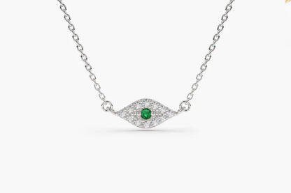 Corrente Feminina em Ouro Branco 18k Diamantes e Esmeralda olho grego