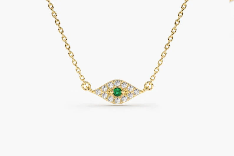 Corrente Feminina em Ouro Amarelo 18k Diamantes e Esmeralda olho grego