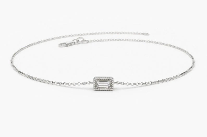 Pulseira Feminina de Ouro Branco 18k Diamante Baguette Solitario