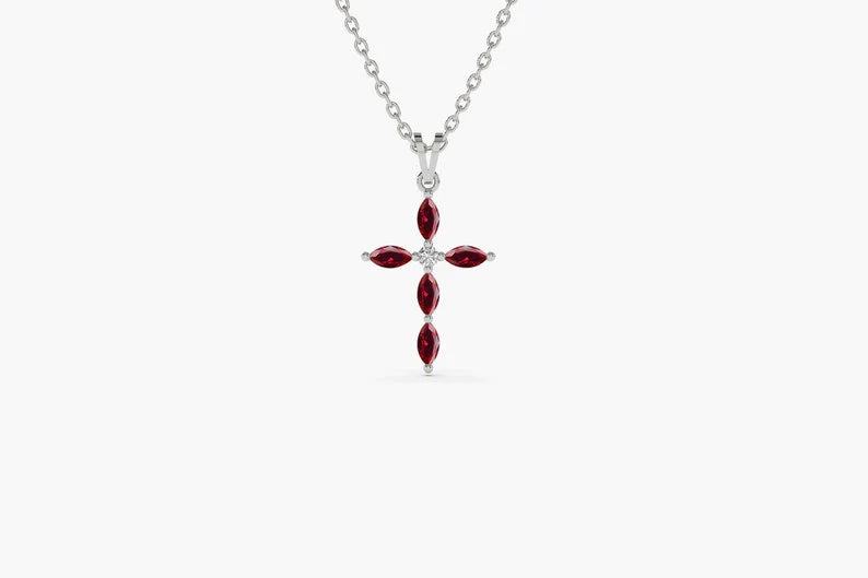 Colar Corrente Cruz de Rubi Luxo Feminino em Ouro Branco 18k