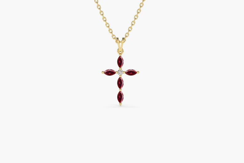 Colar Corrente Cruz de Rubi Luxo Feminino em Ouro Amarelo 18k