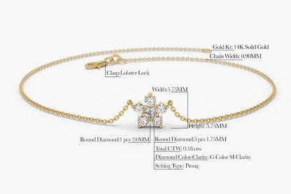 Pulseira Feminina Delicado de Ouro Amarelo 18k Flor Diamantes