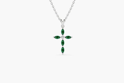 Colar Corrente Cruz de Esmeralda Luxo Feminino em Ouro Amarelo 18k