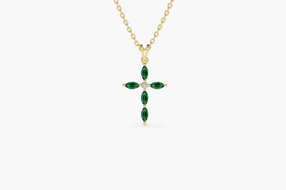 Colar Corrente Cruz de Esmeralda Luxo Feminino em Ouro Branco 18k