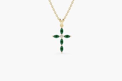 Colar Corrente Cruz de Esmeralda Luxo Feminino em Ouro Amarelo 18k