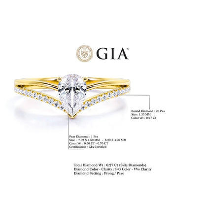 Anel Solitario De Ouro Amarelo 18k e Diamante Brilhante Pear