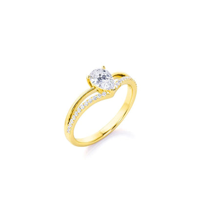 Anel Solitario De Ouro Amarelo 18k e Diamante Brilhante Pear