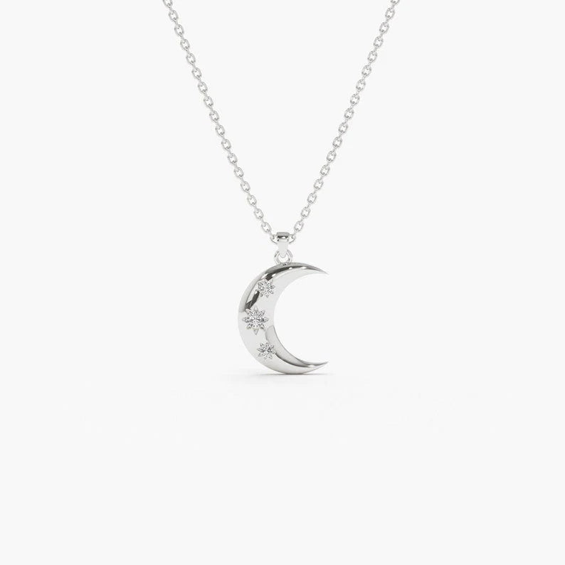 Colar Crescente Lua Corrente Luxo Feminino em Ouro Branco 18k c/ Diamante