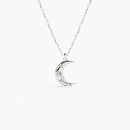 Colar Crescente Lua Corrente Luxo Feminino em Ouro Branco 18k c/ Diamante
