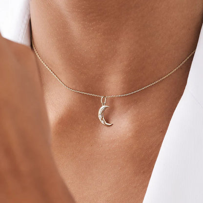 Colar Crescente Lua Corrente Luxo Feminino em Ouro Amarelo 18k c/ Diamante